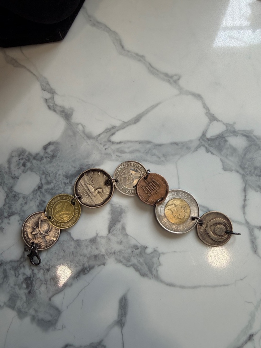 Vintage Coin Link Bracelet - Mixed Metal Tones 7 inches.